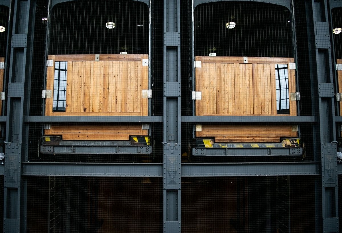 The historic Elbtunnels has been open to cars in the past. Vehicles would use these elevators to be lifted down to the underground level.