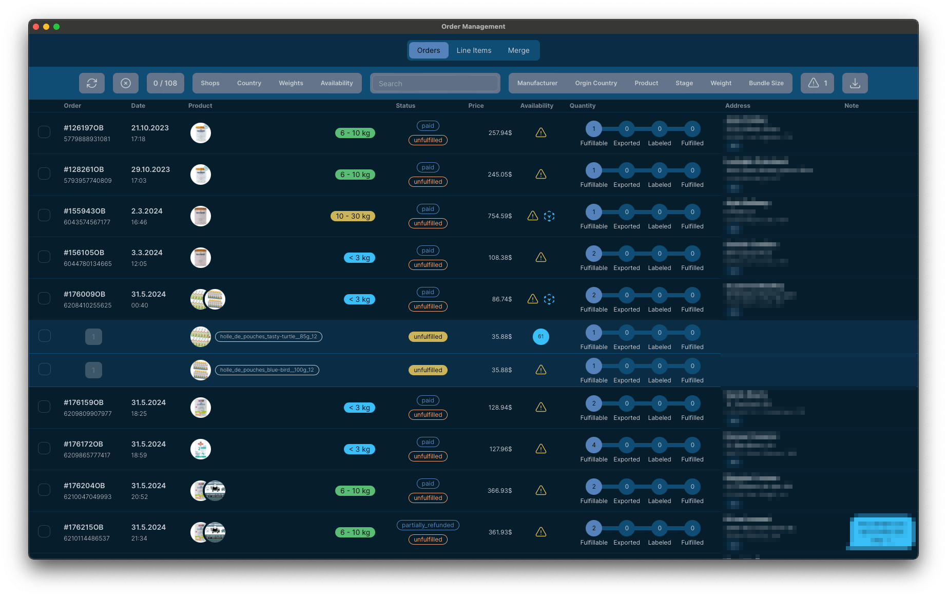 The system shows all orders across multiple shops in a single view. The current state is 
conveniently displayed in timeline for each order. The available states are *Fulfillable*, 
*Exported*, *Labeled* or *Fulfilled*. Each corresponds to a different stage in the fulfillment process.
