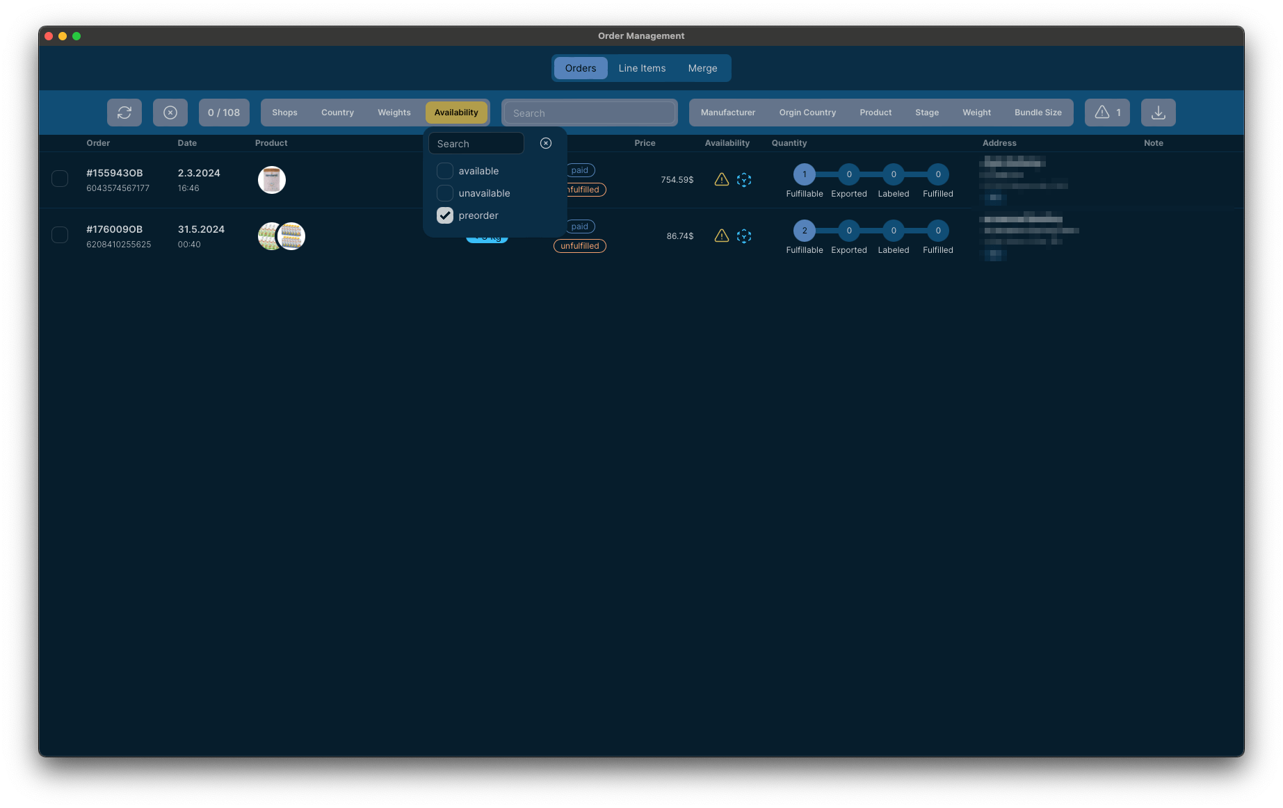 A large selection of filters allows for optimal fulfillment of orders.
