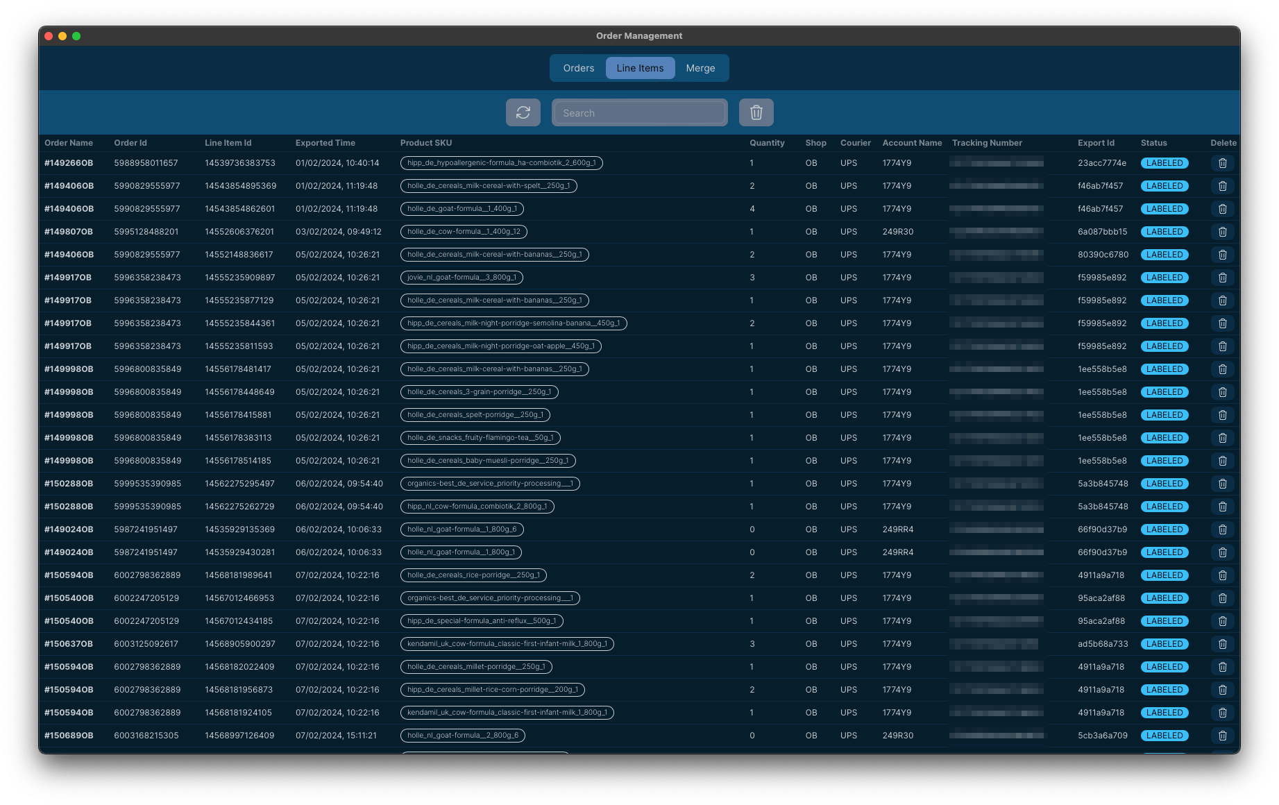 All exported line items can be tracked in a large table. The table is used to track the status of line items and 
calculate the status of the entire order.
